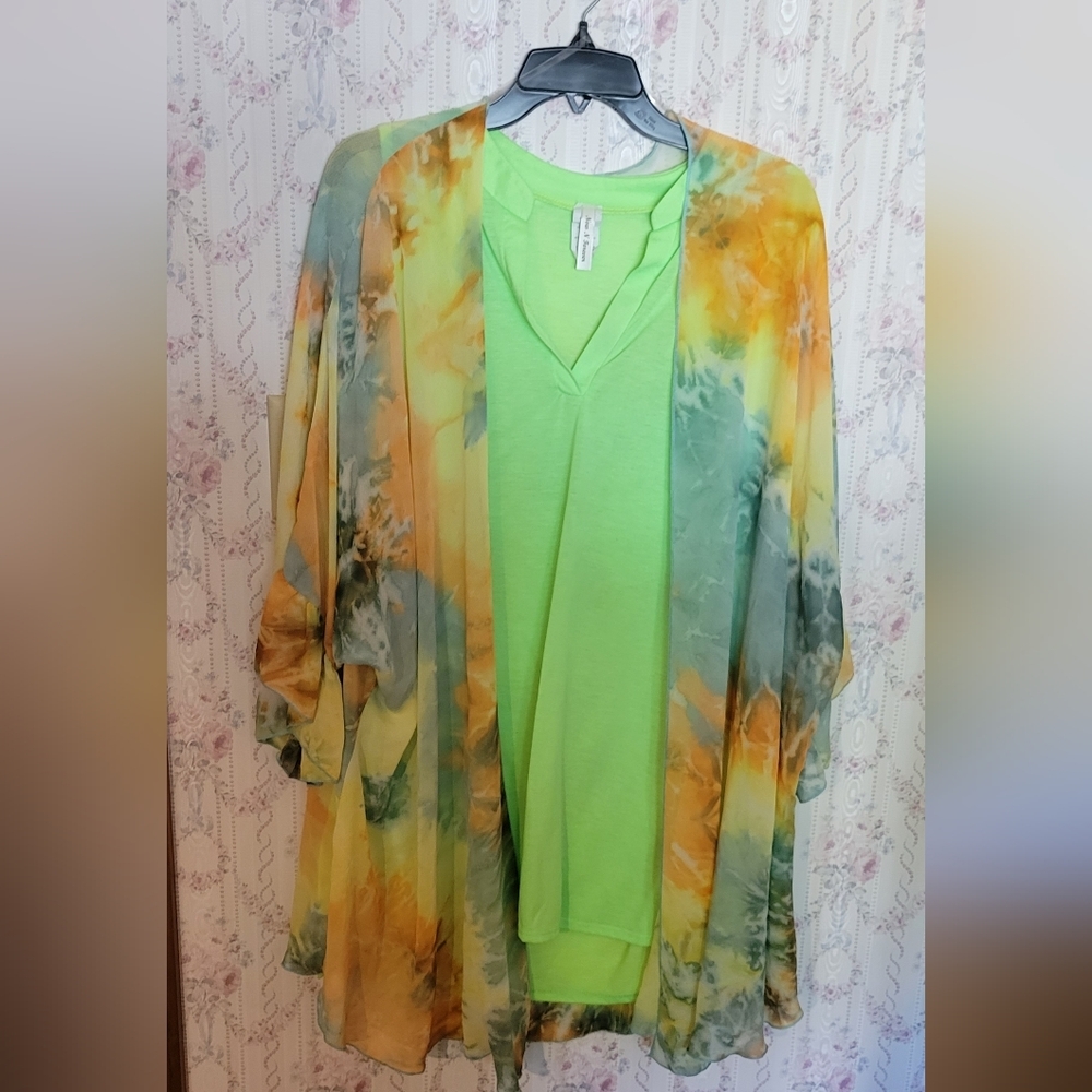 Now & Forever 2X 2 piece Sheer Tie Dye Jacket & Sleeveless Top Bright  Green